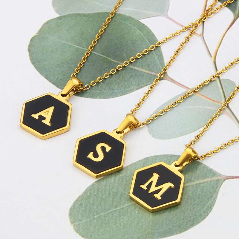 Custom Letter Luxury Jewelry | Simple Hexagon 26 Letter Pendant Stainless Steel Necklace