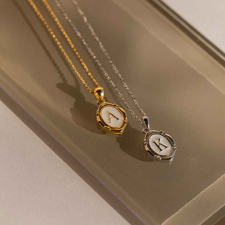 Initial Pendant Necklace, Minimalist White Enamel & Gold Charm Necklace, Oval Letter Necklace